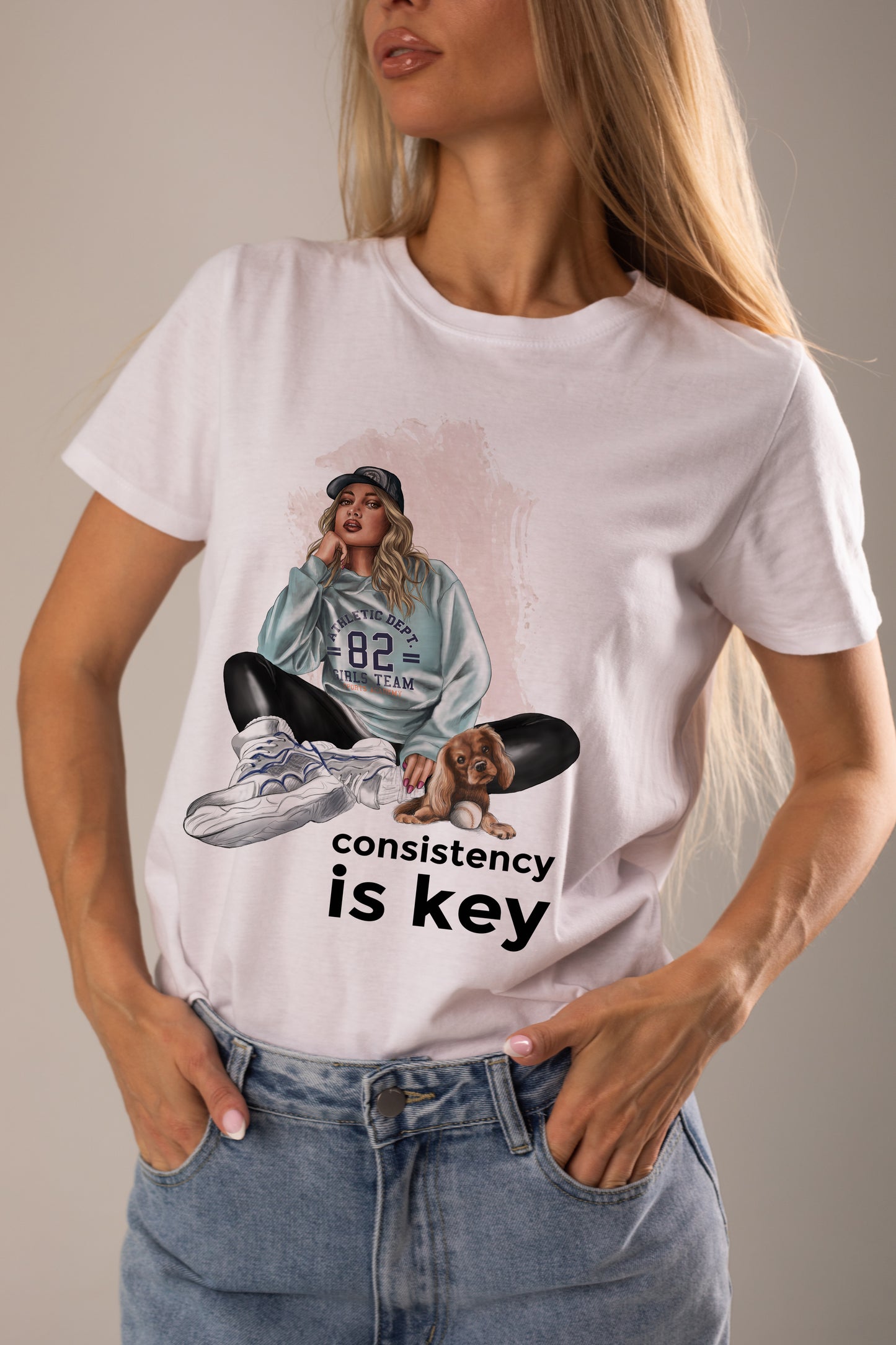 Women’s basic softstyle t-shirt GIRL AND DOG ILLUSTRATION