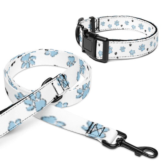 Pet collar & leash blue paw pattern