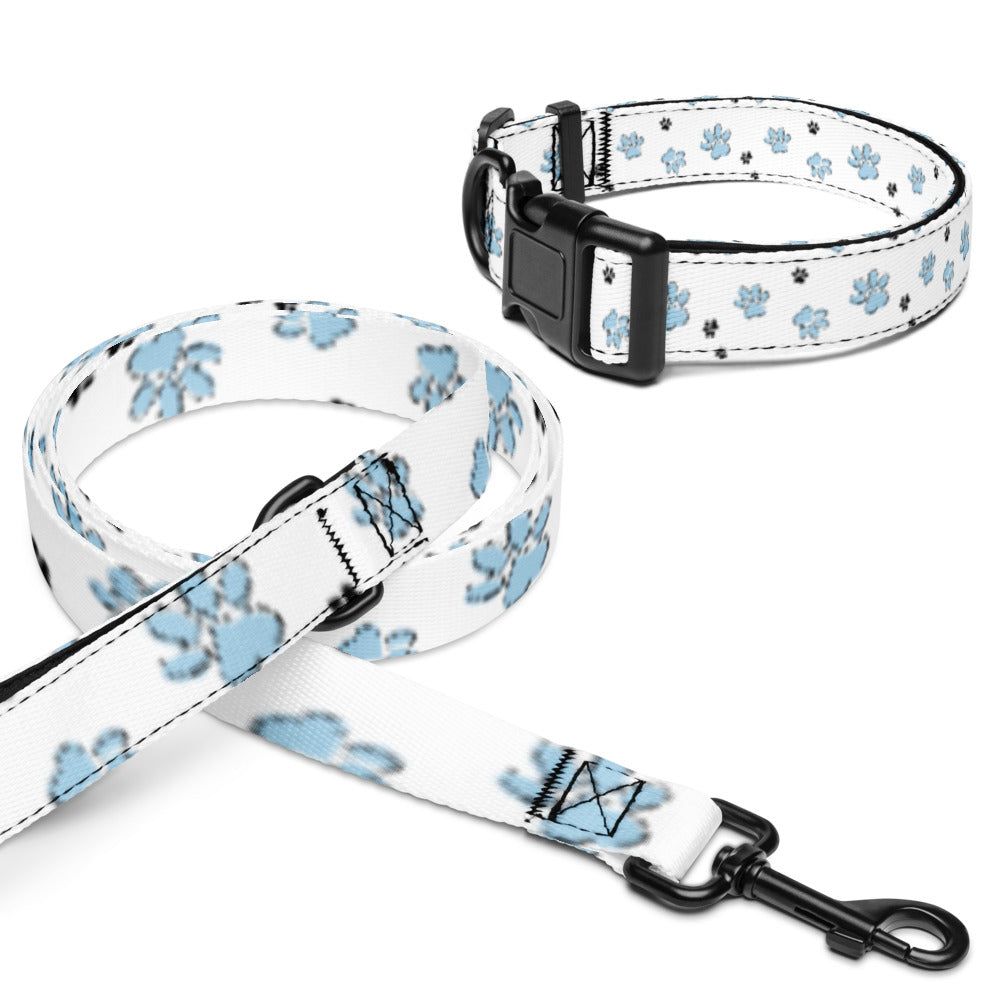 Pet collar & leash blue paw pattern