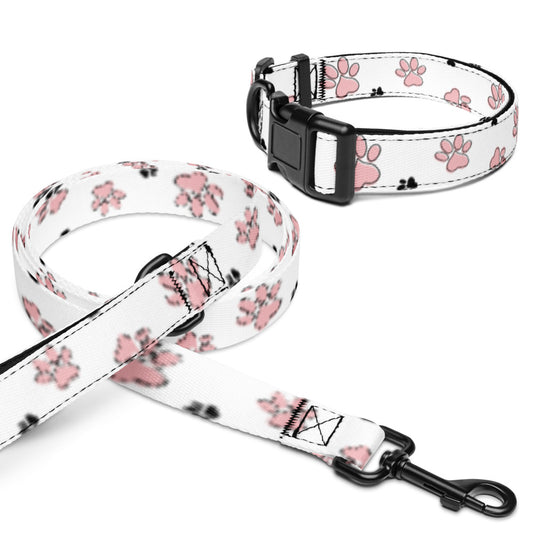 Pet collar & leash pink paw pattern